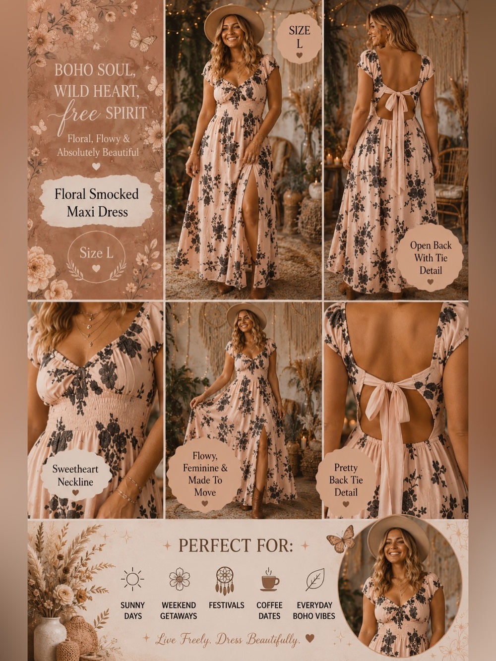 Free People Blush Pink Floral Maxi Dress with Black Print
